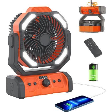 Portable 20,000 mAh rechargeable fan, orange, with LED light, remote control, timer, hook, ideal for camping, travel, home, picnics, fishing and beach. (1/5)