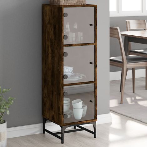Buffet haut avec portes vitrées chêne fumé 3 compartiments 35 x 37 x 120 cm - PANGIVO (1/5)