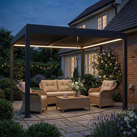 Pergola 3x3 m avec toit en aluminium, éclairage LED, télécommande et lames orientables