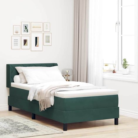 Lit 1 personne avec matelas à ressorts et tête de lit vert foncé 90 x 190 cm en velours - PANGIVO (1/5)
