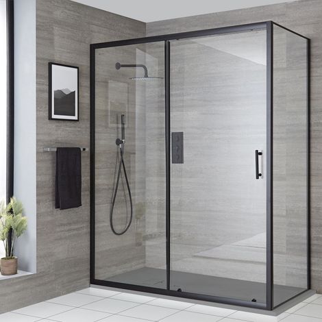 Milano Nero Black Corner Wet Room Walk In Sliding Door Shower Enclosure with Light Grey Slate Effect Tray and Fast Flow Waste - 1600mm x 800mm (1/5)