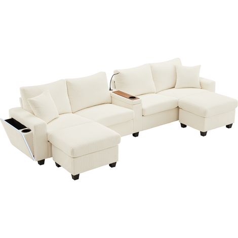 CAIziCanapé en U en velours côtelé avec 2 poufs, lampe de lecture, tablette rabattable, porte-gobelet et USB/Type-C, accoudoirs des deux côtés avec éclairage LED décoratif, beige, dimensions: 334x128. (1/5)