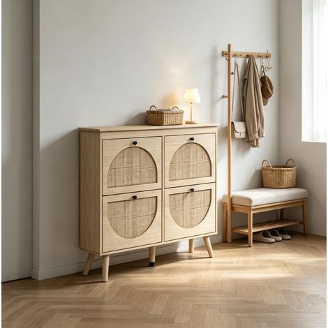 Meuble à chaussures compact en bois naturel avec façade en rotin OKWISH (1/5)