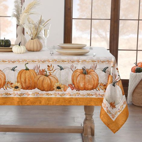 Tischdecke Herbst Motiv Kürbis 80x80 cm abwaschbar Jacquard orange wasserabweisend
