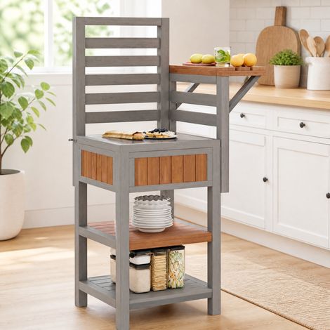 Armoire de jardin en bois avec plan de travail en acier inoxydable et double étagère (1/5)