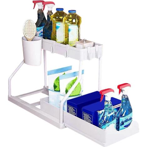 Zweistöckige Schiebebox, platzsparend, robust und mit großem Fassungsvermögen, ideal für Küche und Bad. Unverzichtbarer Schubladenorganizer, weiß. (1/5)
