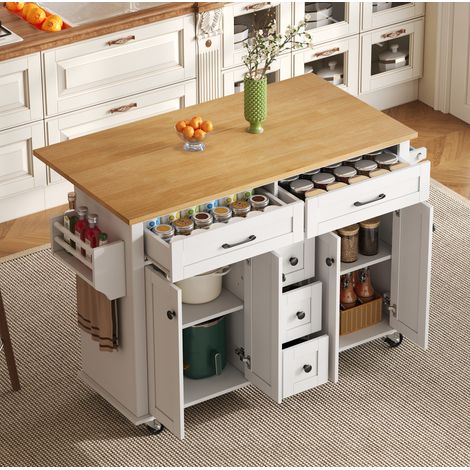 Carrito de cocina sobre ruedas con bandeja abatible, 5 cajones, 2 armarios, blanco y natural (1/5)