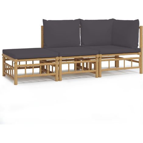 Salon de jardin 3 pcs avec coussins gris foncé bambou (1/5)
