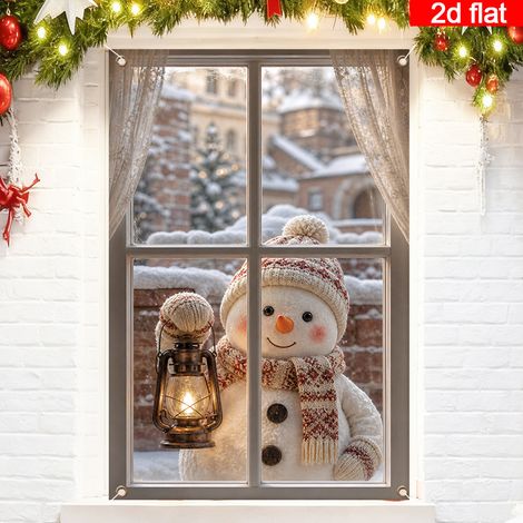 Bannière de Noël à suspendre à la fenêtre, décoration festive, toile de fond bonhomme de neige et Père Noël pour les fêtes de fin d'année - 80 x 120 cm (polyester) - 20