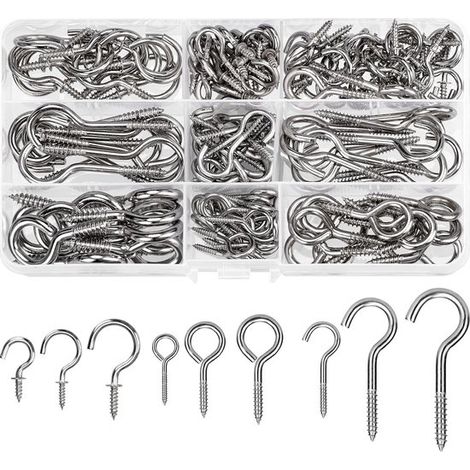 Set di 150 ganci a vite in acciaio inox, adatti al montaggio a parete, perfetti per appendere tende, chiavi e oggetti decorativi. (1/5)