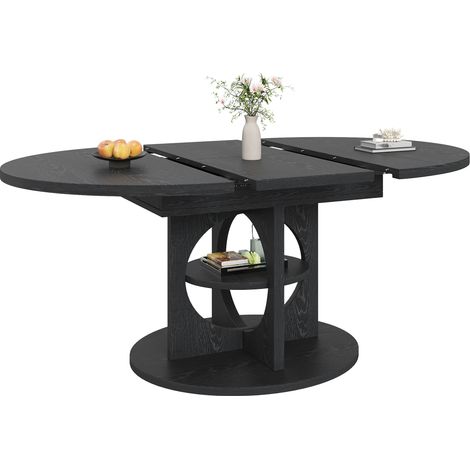 Table à manger extensible ronde à ovale avec rangement central intégré, 110 à 150 cm, MDF noir, base métal, charge 60 kg, pour salle à manger moderne  CHICFURN (1/5)