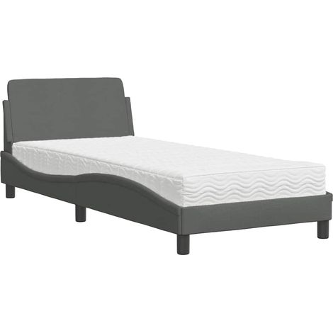 Lit avec matelas en mousse, tête de lit et sommier à lattes tissu gris foncé 90 x 200 cm (1/5)