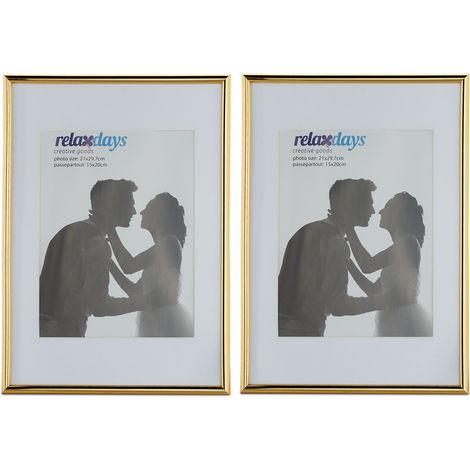 Relaxdays Bilderrahmen 2er Set, Din A4, Passepartout 15x20 cm, Glasscheibe, Fotorahmen zum Stellen oder Hinhängen, gold