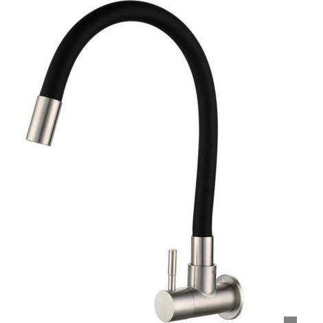 Robinet de cuisine mural noir, mitigeur d'évier, robinet d'eau froide, pivotant à 360°, avec tuyau flexible en silicone (1/5)