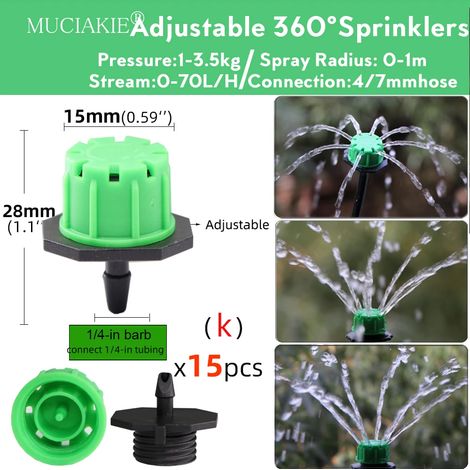 Pipette d'irrigation réglable à 90°/180°/360°, micro-buse pour arrosage de jardin, buse rotative, pulvérisateur à brouillard avec compensation de diamètre de tuyau 4/7 mm (1/5)