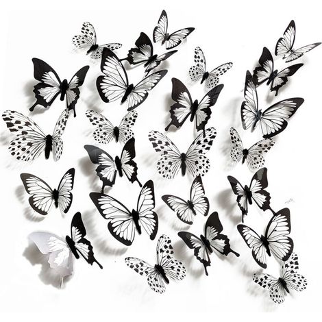 24PCS 3d simulation en trois dimensions noir et blanc motif papillon stickers muraux événement fête salon chambre armoire décoratif stickers muraux