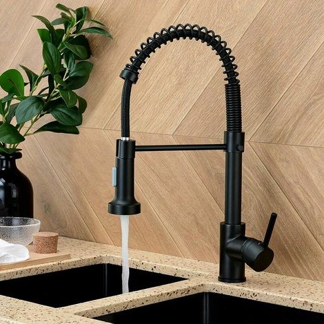 Kitchen Taps with Pull Down Sprayer, Kitchen Sink Taps,Brass Black Single Handle Single Lever High Arc Spring tap(Matte Black) (1/5)