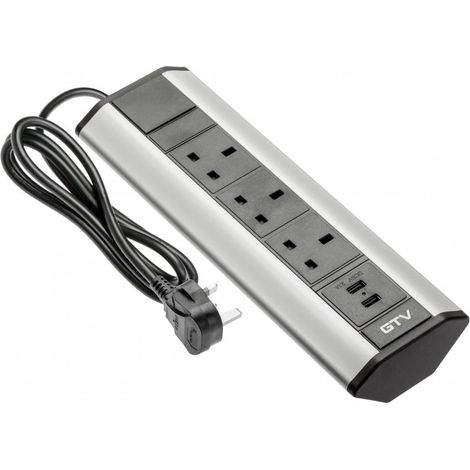 Multiprise d'angle - 3 Prises UK + 2 Ports USB (5 V/2,1 A) - Aluminium - 3600 W - Câble de 1,5 m - Encastrement de Meubles - Argent - pour Cuisine, Bureau, Atelier