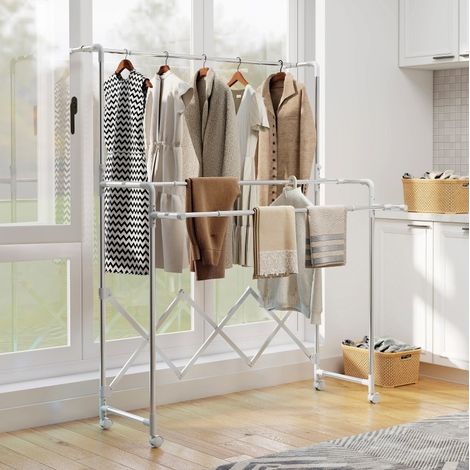 Étendoir à linge pliable 50x6x150 cm argent en acier inoxydable avec 3 barres réglables et roulettes (1/4)