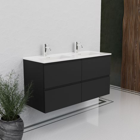 Inda - Badezimmerschrank B.120 mit Doppelwaschbecken, glänzend/matt schwarz, 4 Schubladen - Ruby (1/5)