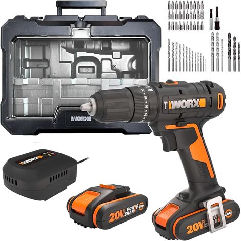 WORX Trapano a percussione senza fili 20 V WX370.2, 3 in 1, coppia massima di 50 Nm, mandrino 13 mm (multimateriale, 2 velocità, leggero ed ergonomico, con 1 batteria, caricabatterie, set di 51 (1/5)