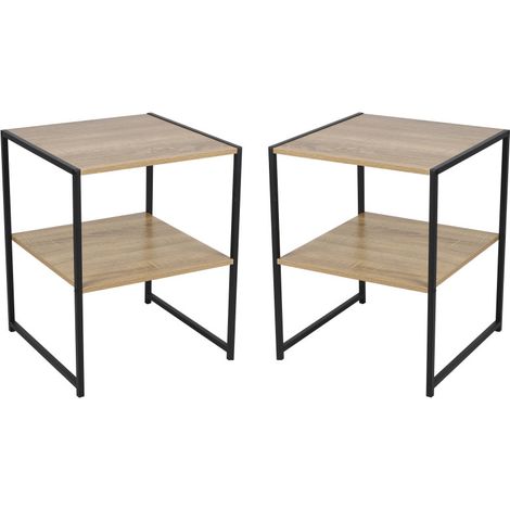 Lot de 2 tables de chevet 2 niveaux - Métal noir et bois - Style industriel - Livraison gratuite (1/2)