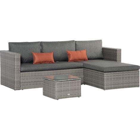 Outsunny 3 Pieces Outdoor PE Rattan Sofa Set, Patio Wicker Conversation Chaise Lounge Furniture w/ Tempered Glass Table-top & Soft Padded Cushion for Garden, Backyard, Lawn, Grey (1/5)