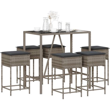 7-tlg. Gartenbar-Set mit Kissen Grau Poly Rattan (1/5)