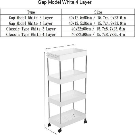 Mobiles Aufbewahrungsregal für Bad, WC und Küche, Modell TrolleyGap, weiß, 4 Ebenen (1/5)