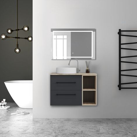 AICA Ensemble de meubles de salle de bain Suspendu avec Vasque + 2 Rangements Ouverts, 80x46x52cm, Miroir LED Dimmable