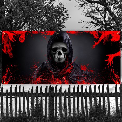 Bannière d Halloween, bannière de décoration de citrouille, drapeau suspendu de décoration d ambiance festive de crâne d horreur taché de sang d Halloween 180 × 400CM (1/4)