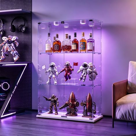 JOOKGBD-Vetrina in Vetro 123x78,5x35 cm con LED, Vetrina da Collezione con 2 Ante e 3 Ripiani in Vetro Trasparente, Mobile Espositore per Soggiorno Cucina Ufficio, Bianco