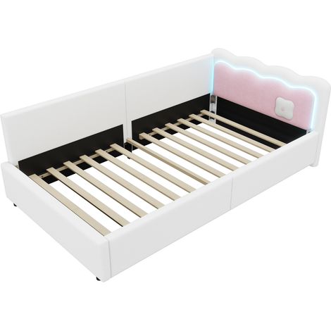 Cama diván 90 x 200 cm con LED, somier de láminas, blanca (1/5)