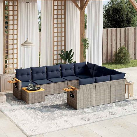 Set de sofás de jardín 11 pzas y cojines ratán sintético gris vidaXL (1/5)