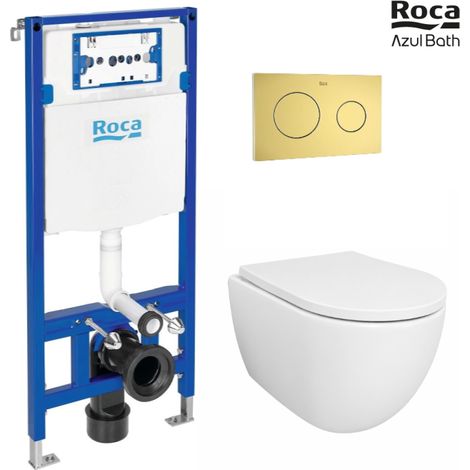 Pack Bastidor ROCA Duplo Cisterna Empotrada y Pulsador PL10 Oro Cepillado + Inodoro Suspendido SWISS 53 cm Tornado y Soft-Close