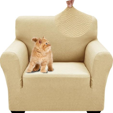 Housse De Canapé 1 Place, Extensible Housse De Fauteuil, Universelle Housse Canapé avec Accoudoirs, Protection Chat Chiens Housse Canape, Housses De Canapé Antidérapante, Beige Jaune (1/5)