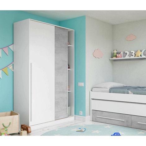 Dmora Vestiaire Downey, Armoire de chambre à 2 portes coulissantes, Armoire avec barre à vêtements et 3 étagères, cm 120x50h200, Ciment et blanc, avec emballage renforcé (1/5)