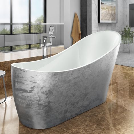 Luxury 1720x712 Silver Slipper Freestanding Bathtub with Polished Chrome Brass Mixer Tap Set (1/4)