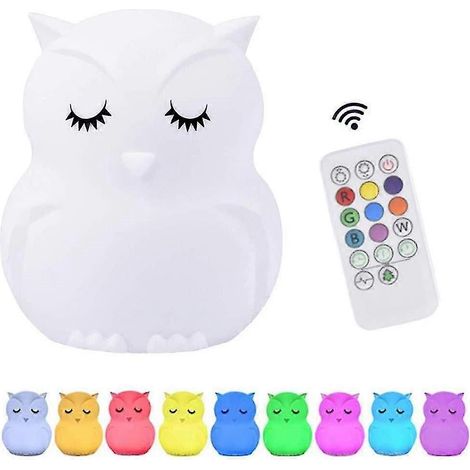 Veilleuse LED Hibou pour bébé - Veilleuse LED rechargeable pour enfants avec capteur tactile et télécommande - 9 modes de couleurs changeants, avec câble USB (1/4)