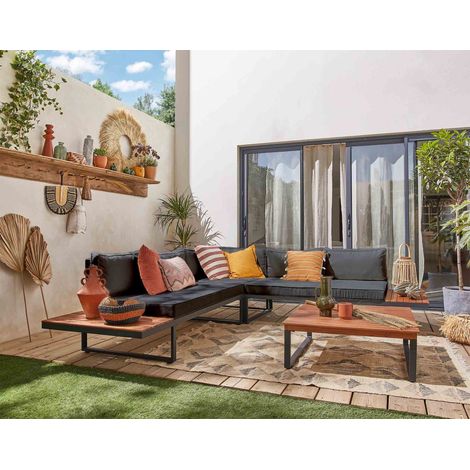 Bestmobilier – Salon de jardin en bois d'acacia et métal – 5 places – coussins déhoussables gris – table basse carrée – style contemporain