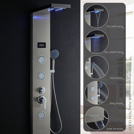 AuraLum Panneau de Douche LED LCD Indicateur de température Colonne de Douche Hydromassante Panneau de Douche en Acier Inox Brossé avec 3 Jets de Massage pour Salle de bain (1/6)