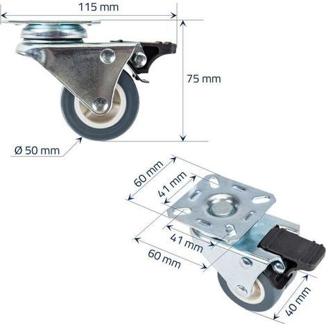 6720 Satz mit 4 Doppelrollen für schwere Lasten mit Bremse, 50 mm Polyurethan, bis 400 kg, Grau (1/5)