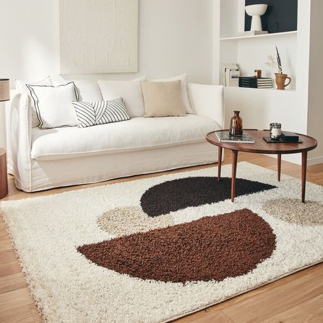 Tapis intérieur shaggy motifs géométriques circulaires beige. marron. noir - Pitt 120 x 160 cm
