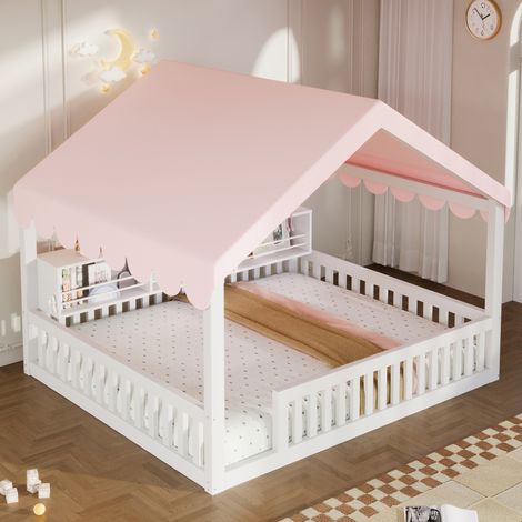 Lit cabine 140x200cm - maison + led + étagère + sécurité - bois - blanc (1/5)