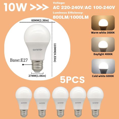 Lampes de croissance pour plantes (Lot de 5 ampoules LED E27 10 W, lumière du jour 4000 K, AC 220-240 V) Équivalent à une ampoule à incandescence de 100 W, ultra-lumineuse pour le salon (1/5)