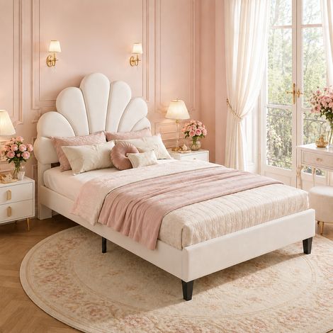 Lit capitonné pour enfant 90 x 200 cm - Lit simple en velours beige - Tête de lit réglable en hauteur - Sommier à lattes en bois massif - Capacité 200 kg (1/5)