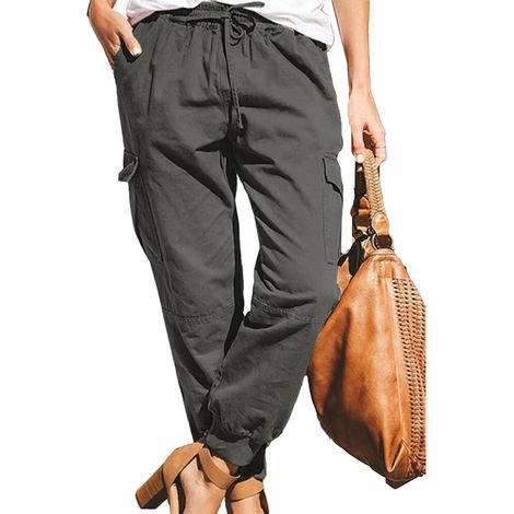 Pantalon cargo femme taille mi-haute, cordon de serrage, jambes fuselées, léger et souple, style jogging/randonnée, gris S (1/5)