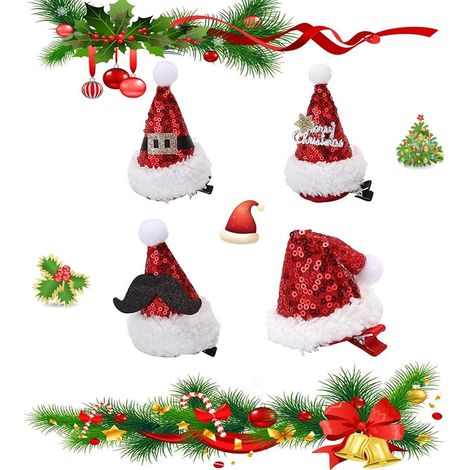 Barrettes de Noël, lot de 4 barrettes fantaisie à motif bonnet de Noël, barrettes de Noël, barrettes bonnet de Père Noël, mini barrettes bonnet de Noël, Père Noël pour filles, robe de Noël (1/5)