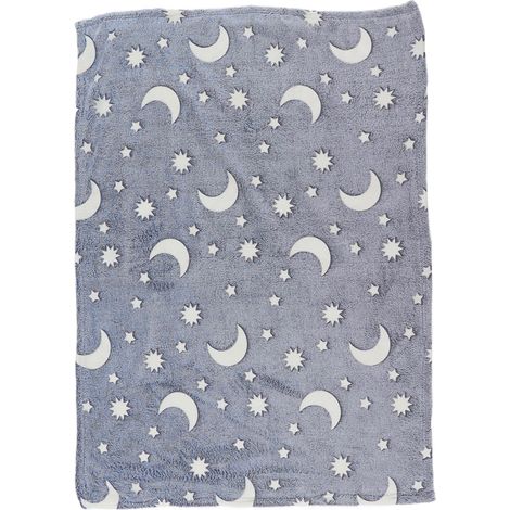 Couverture lumineuse 1,5 x 2 m en flanelle double face, motif étoiles et lune, douce et phosphorescente, pour enfants, bleu poudré (1/5)