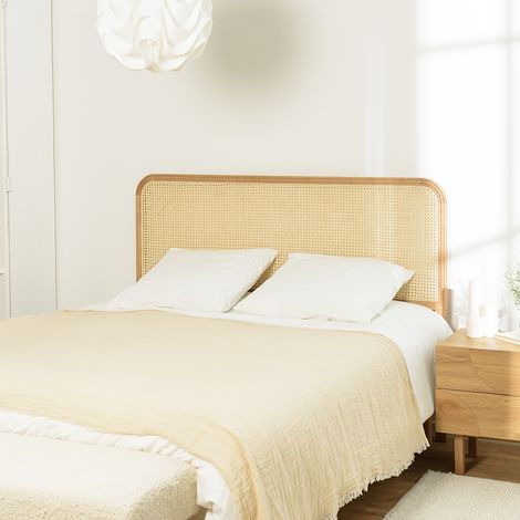 SYA - Tête de lit bords arrondis rotin naturel chêne massif 140/160cm (1/5)